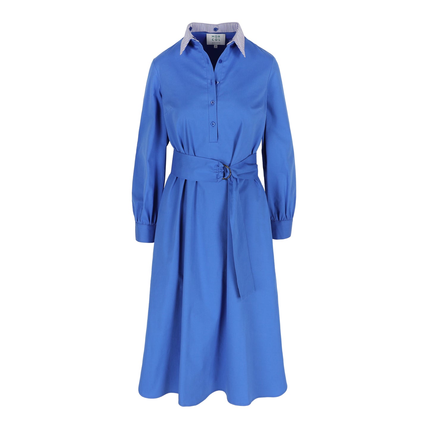 Polly Jean dress Bright blue front with belt and reversed collar